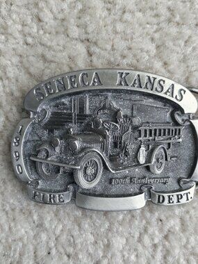 VTG 1890 - 1990 100th Year Seneca KS Fire Dept Belt Buckle STUTZ Firetruck